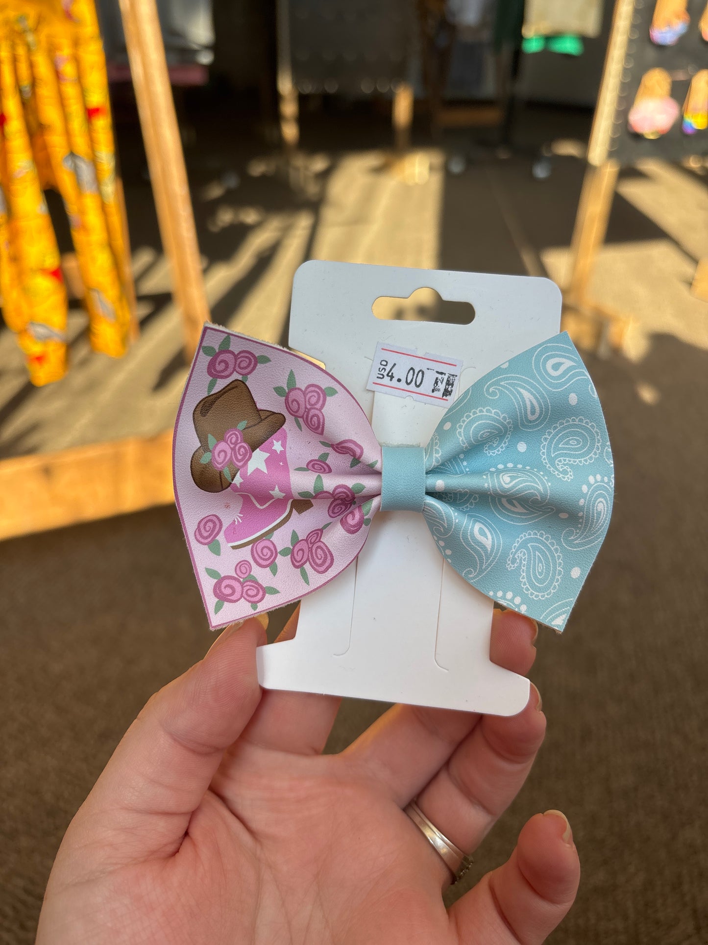 Boots/paisley faux leather bow- clip