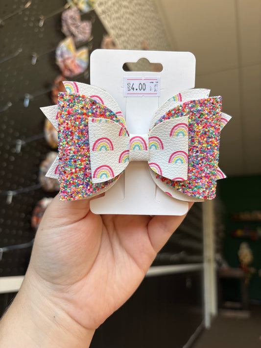 Rainbow-faux leather bow