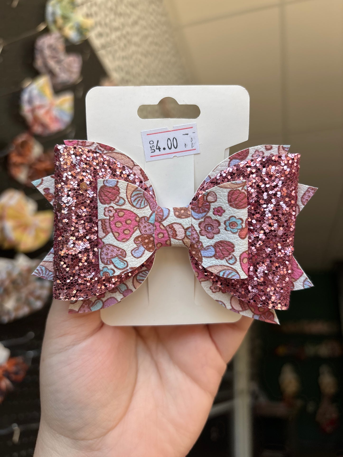 Pink mushrooms- faux leather bows