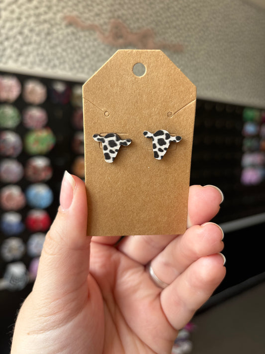 Wood cow head stud earring
