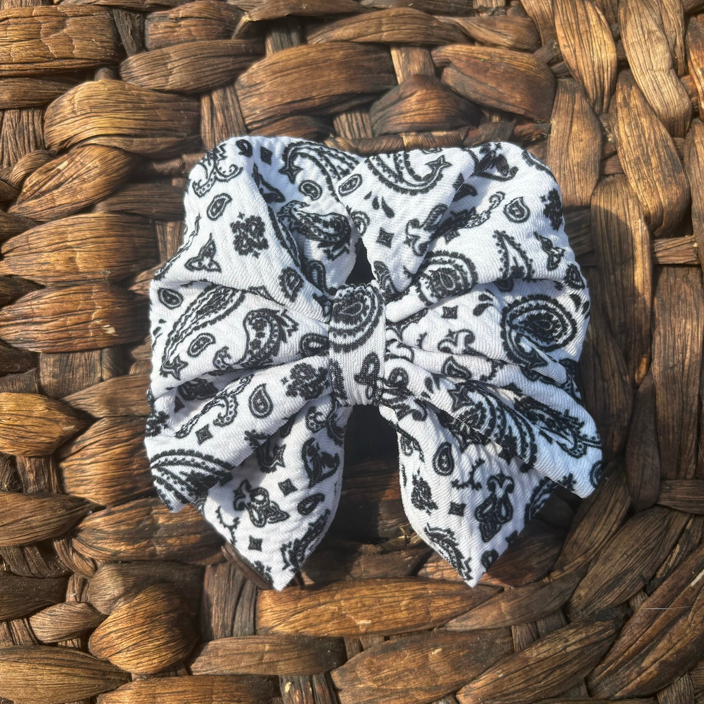 White paisley messy clip bow