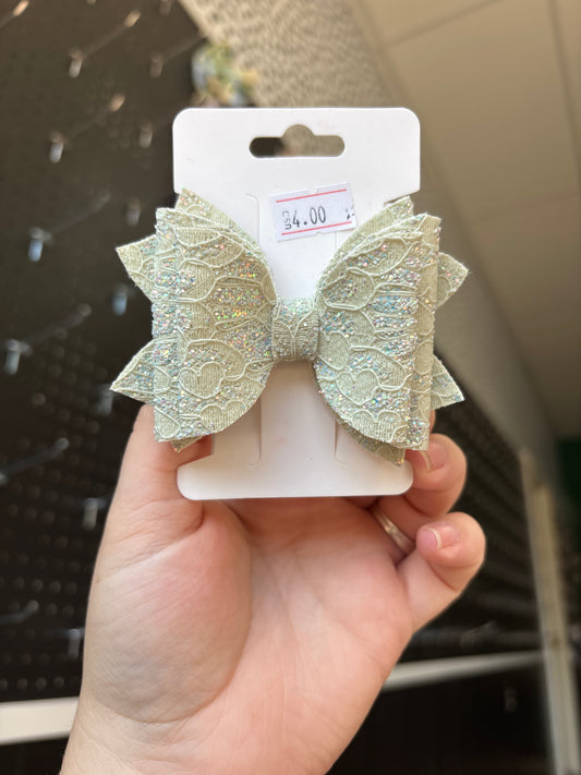 Sage lace- faux leather bows