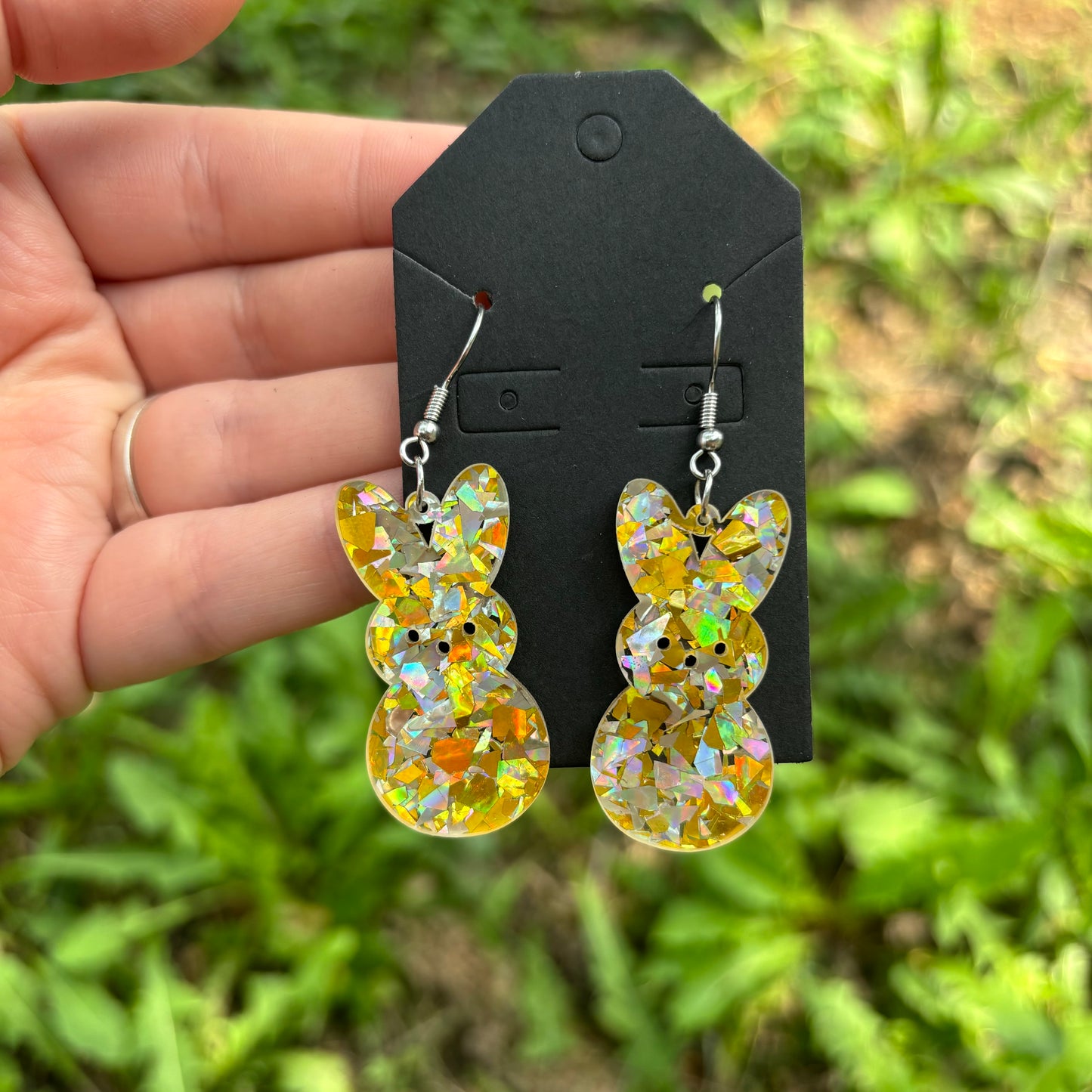 Yellow/holographic bunny earrings