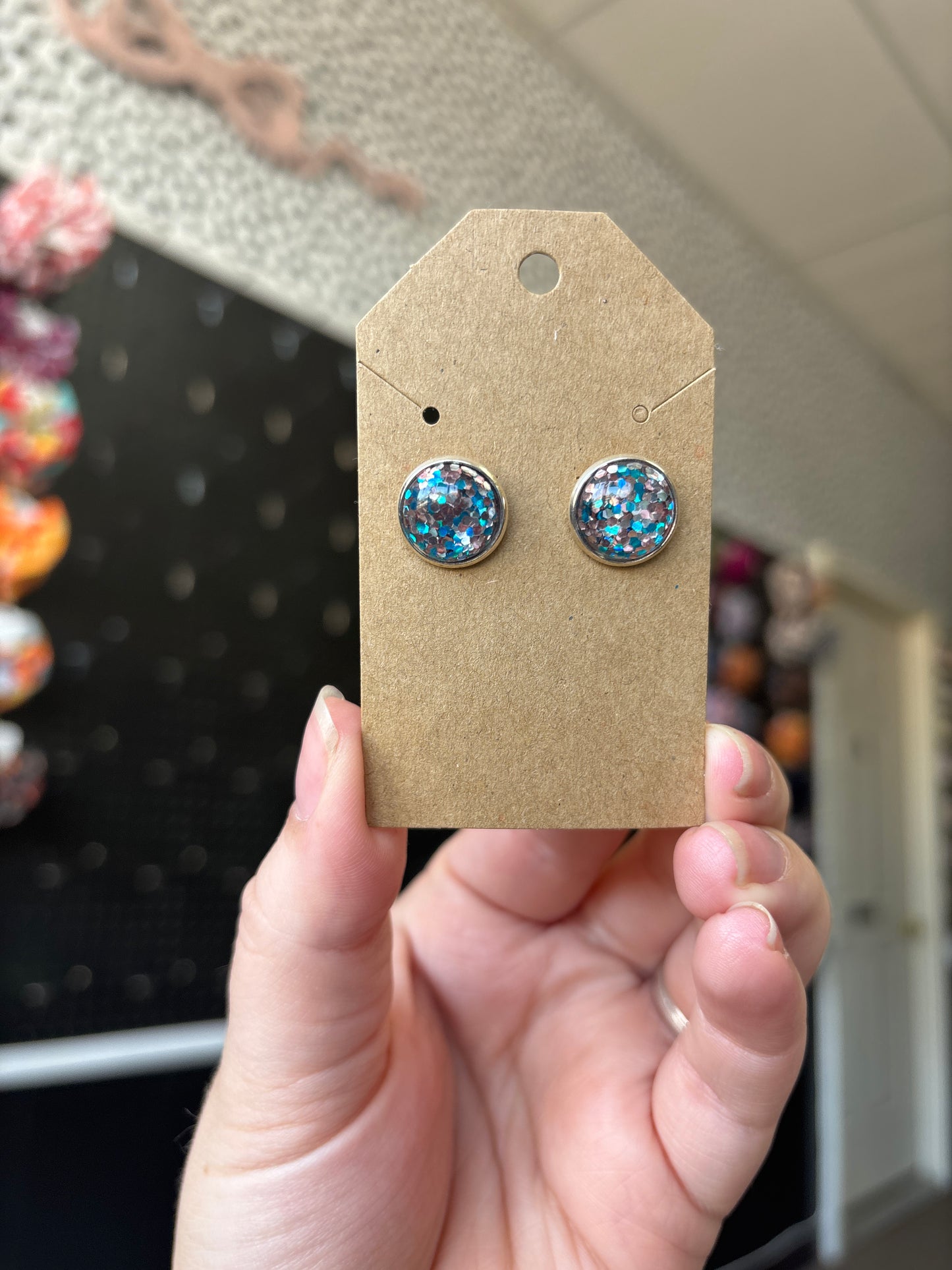 Blue/pink glitter 12mm earrings