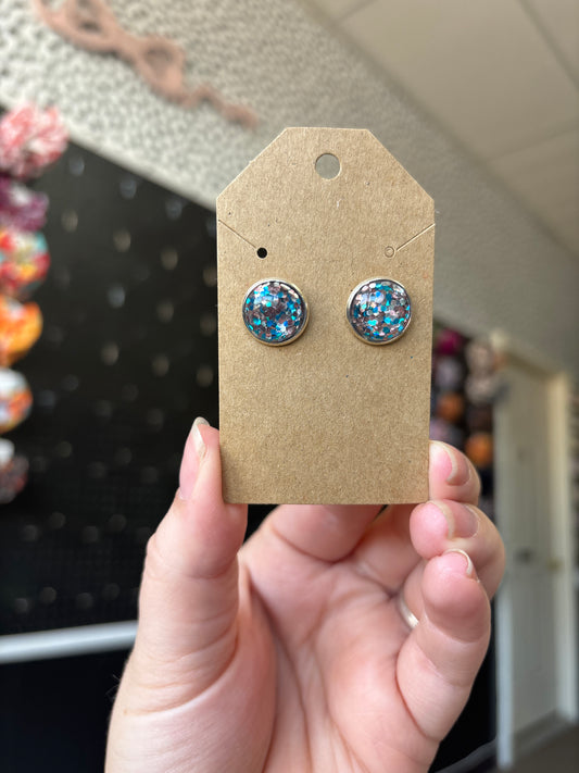 Blue/pink glitter 12mm earrings