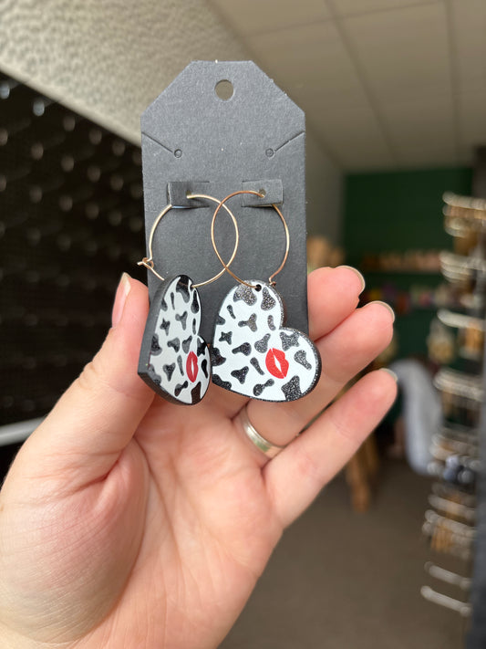 Cow print heart hoop earrings
