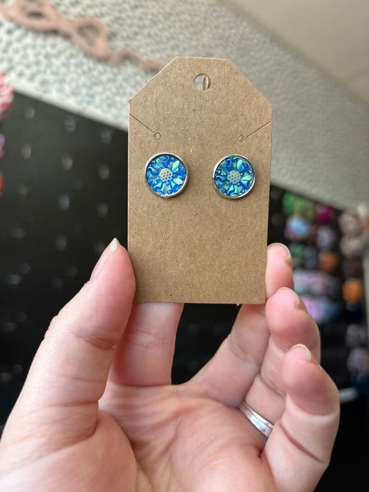 Dark blue floral druzy 12mm earrings