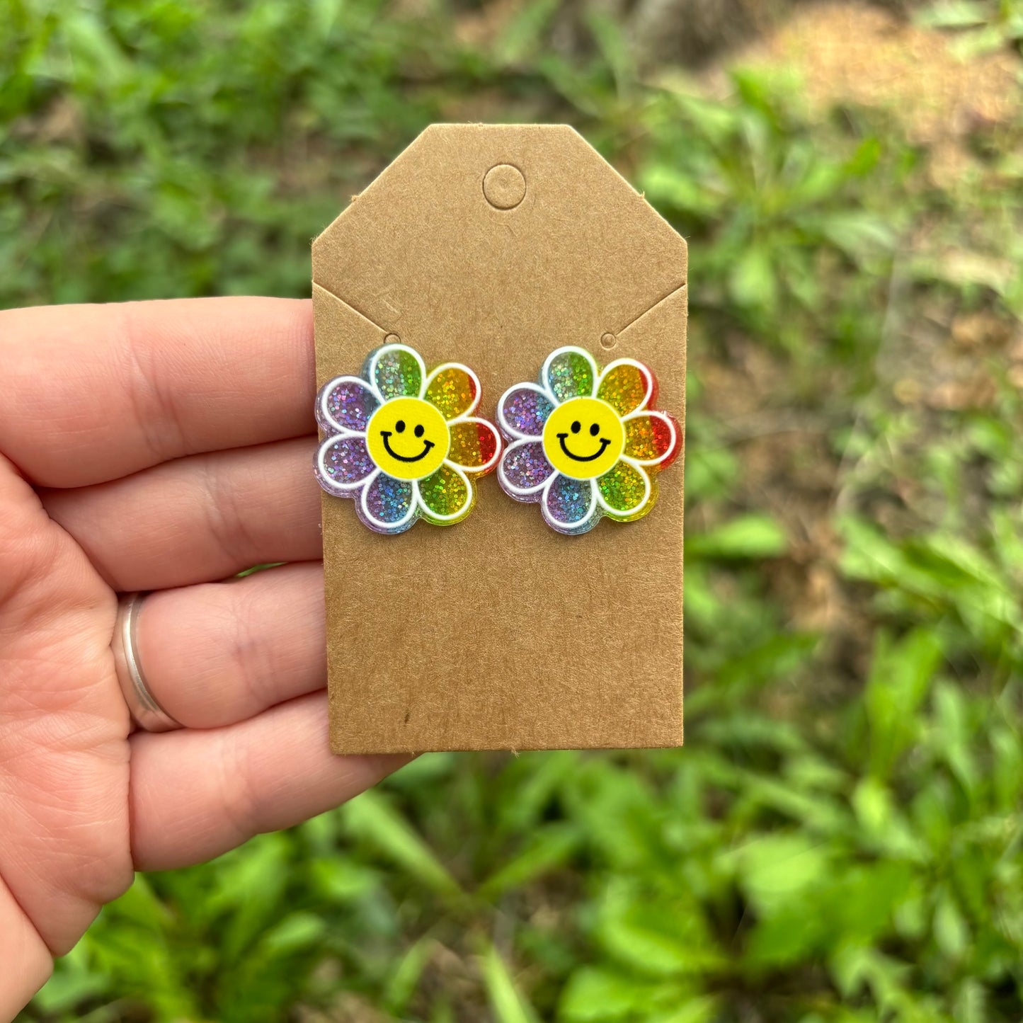 Rainbow glitter flower earring