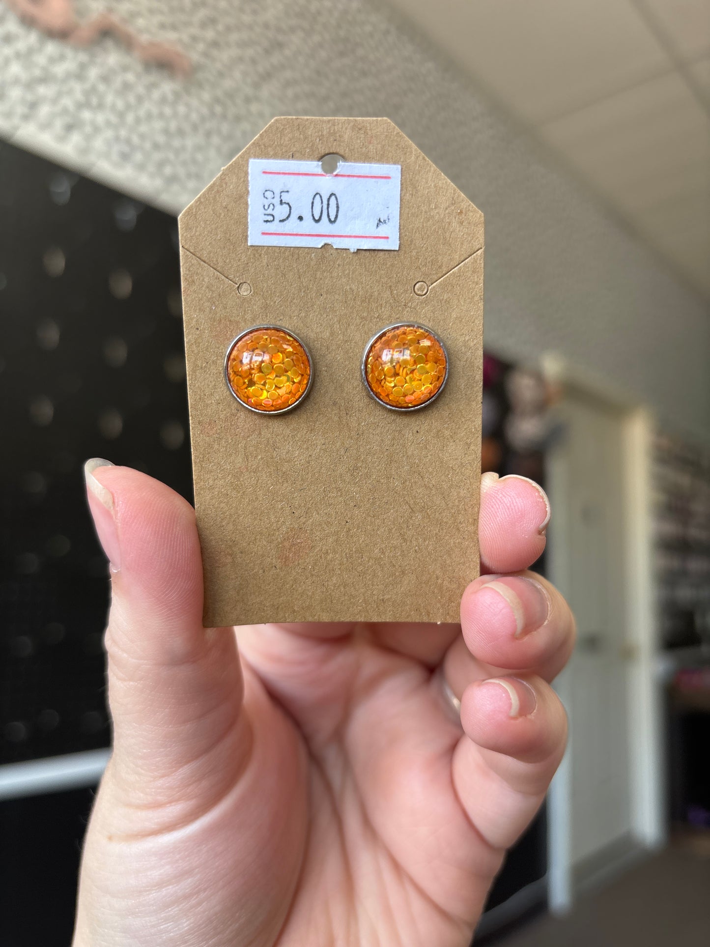 Orange glitter 12mm earring