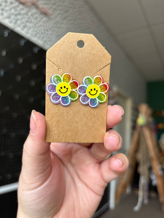 Rainbow glitter flower earring