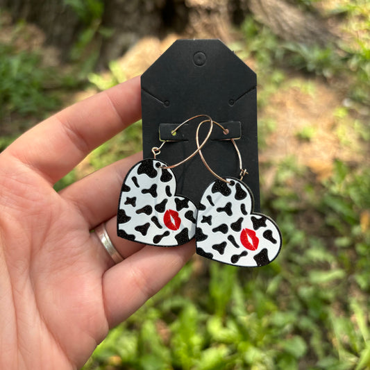 Cow print heart hoop earrings