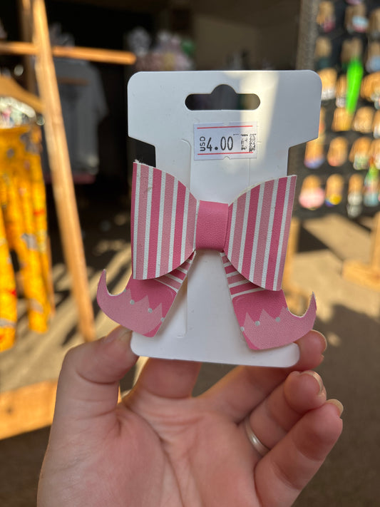Pink elf faux leather bow- clip