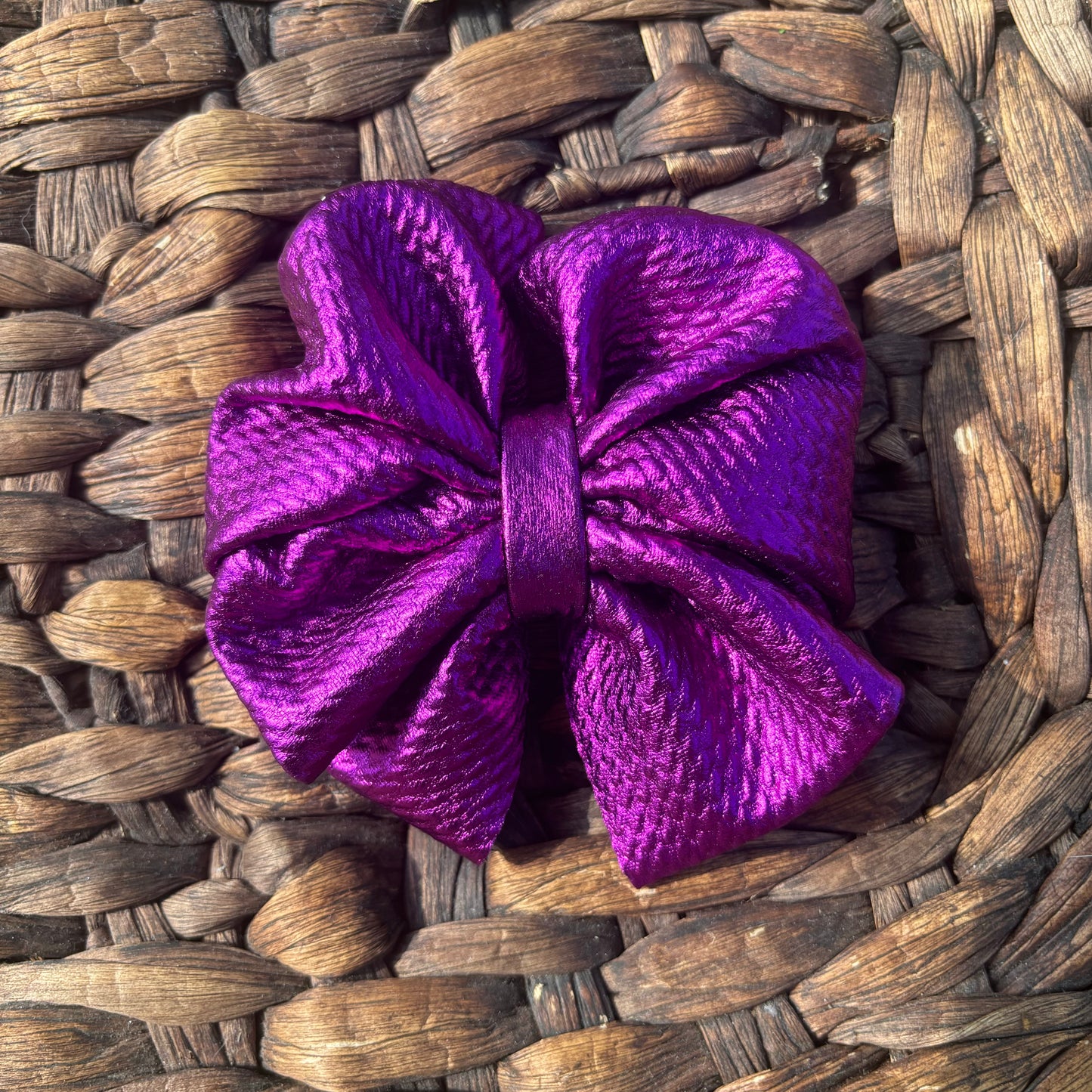 Purple foil messy clip bow