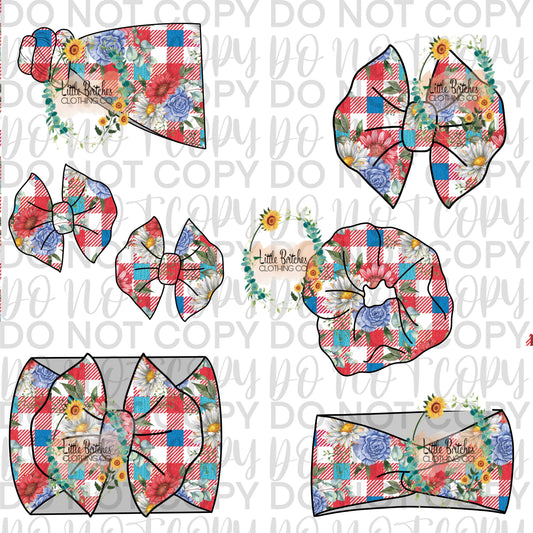 Plaid floral bow/headband/topknot/piggies/scrunchie-PREORDER