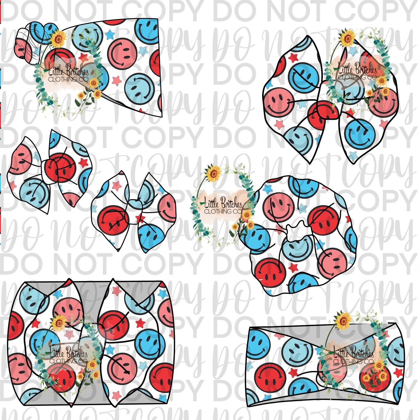 Red/blue smileys bow/headband/topknot/piggies/scrunchie