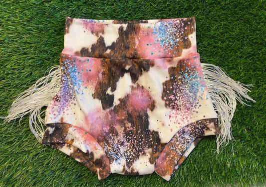 Pink glitter cow hide bummies with fringe